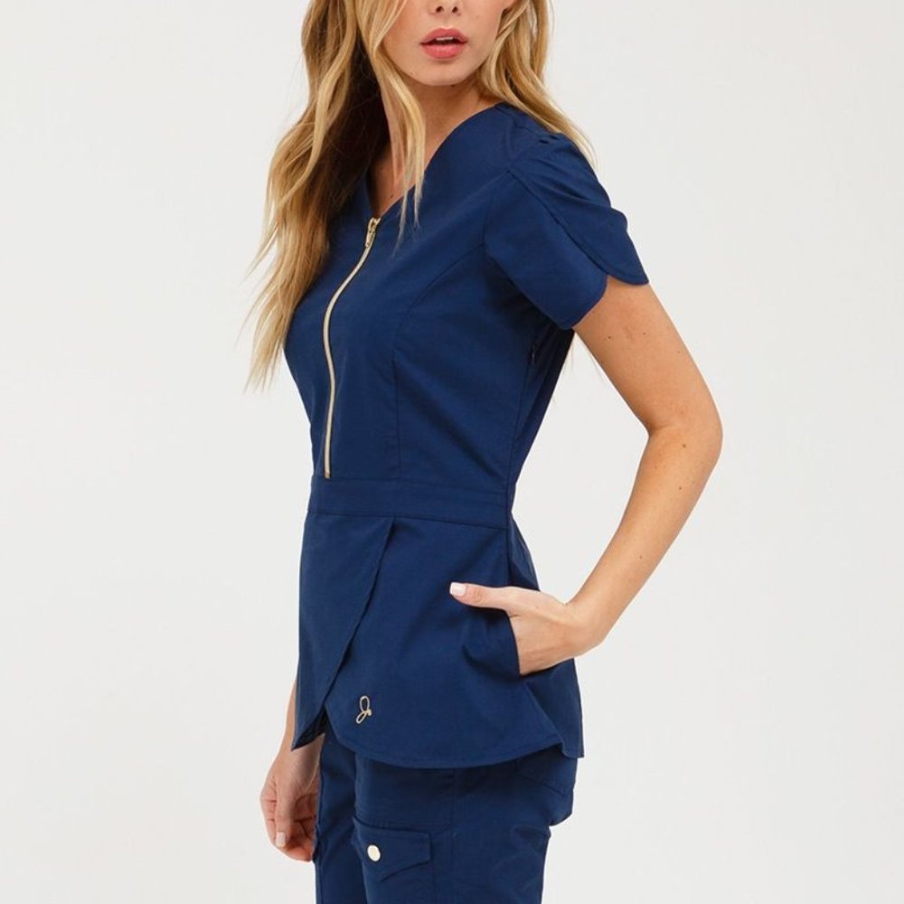 Jaanuu Navy Blue Tulip Scrub Top with Gold Details
